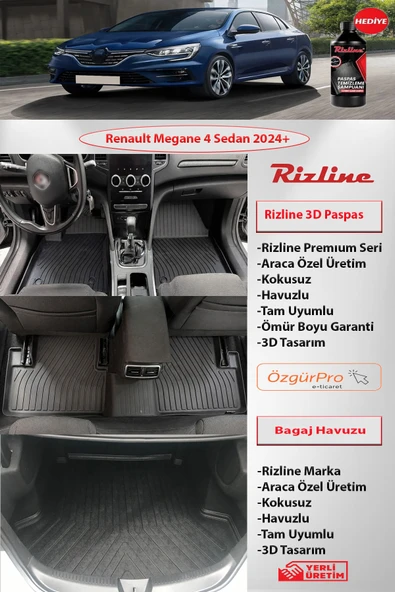 Rizline Premium Renault Megane 4 Sedan 2024 ve Sonrası 3D Paspas ve Çift Cep Bagaj Havuzu ürün görseli 1