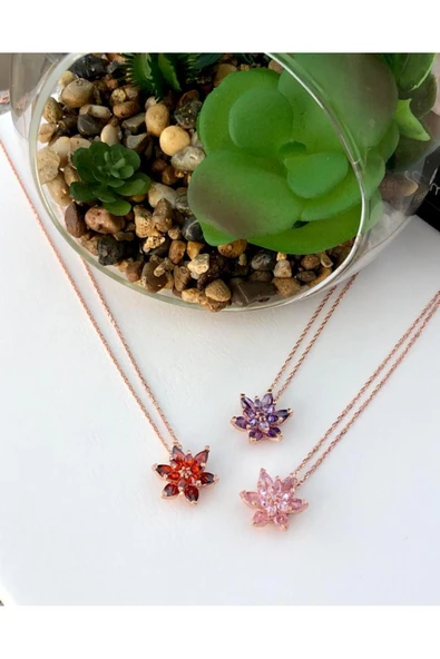 925 Ayar Gümüş Lotus Çiçeği Pembe Taşlı Tasarım Rose Gold Kolye ürün görseli 1