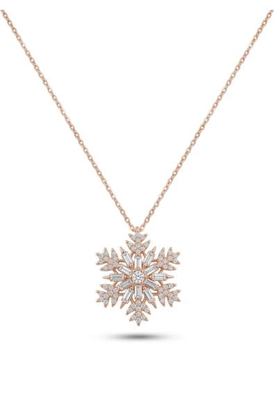 925 Ayar Gümüş Kar Tanesi Baget Taşlı Rose Gold Kadın Kolye ürün görseli 1