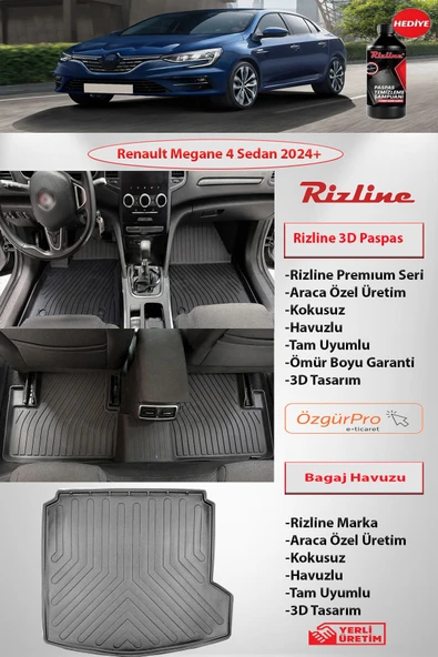 Rizline Premium Renault Megane 4 Sedan 2024 ve Sonrası 3D Paspas ve Sağ Cep Bagaj Havuzu ürün görseli 1