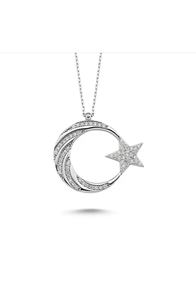 Gümüş Hilal Ay Yıldız Kolye | 925 Ayar Gümüş Türk Bayrağı Temalı ürün görseli 1