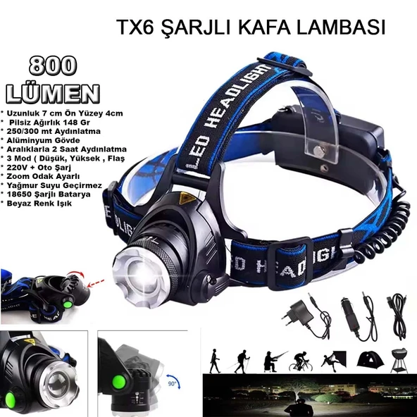 Orjinal 800 Lümen Tx6 Şarjlı Zoomlu Kafa Feneri Wt-120 ürün görseli 1