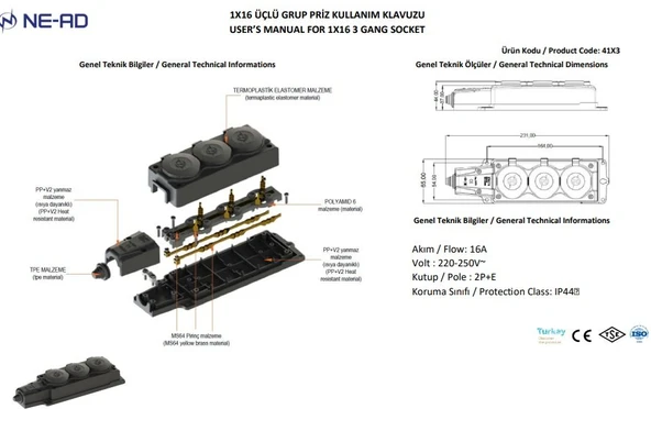 Nead 1x16 A Üçlü Grup Priz 4103 - Resim 2