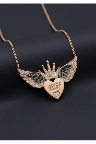 925 Ayar Orjinal Gümüş Kalbimin Tacı Melek Kanadı Rose Gold Renk Kolye ürün görseli 1