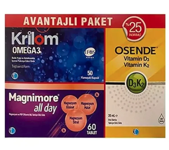 Krilom Omega3 50 Kapsül+ Magnimore Allday 60 Tablet + Osende D3k2 20 ml Avantajlı Paket ürün görseli 1