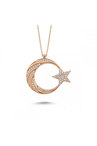 Gümüş Ay Yıldız Hilal Rose Gold Renk Kolye | 925 Ayar Gümüş ürün görseli 1