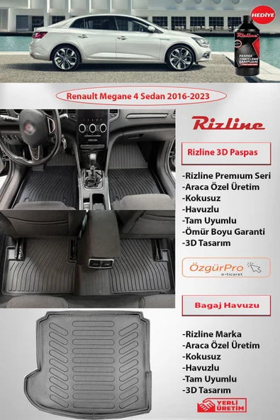 Rizline Premium Renault Megane 4 Sedan 2016-2023 3D Paspas ve Sol Cep Bagaj Havuzu ürün görseli 1
