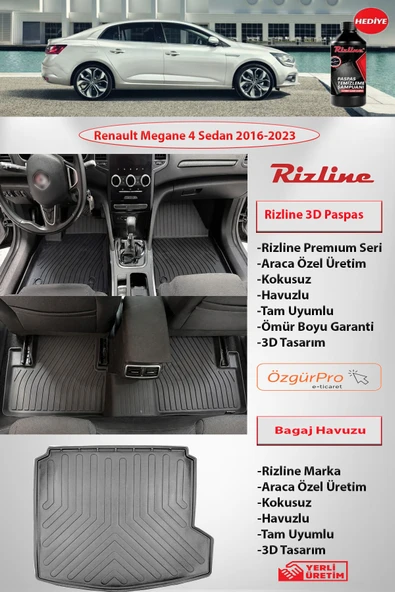 Rizline Premium Renault Megane 4 Sedan 2016-2023 3D Paspas ve Sağ Cep Bagaj Havuzu ürün görseli 1