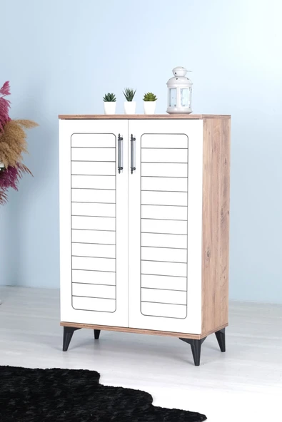 Luna 2 Kapaklı 4 Bölmeli Modern Ayakkabılık Beyaz / Çam Desenli 70x108x35 Cm ürün görseli 1