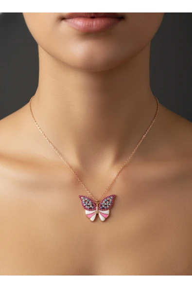 925 Ayar Gümüş Pembe Kelebek Nazar Boncuklu Rose Gold Renk Kolye ürün görseli 1