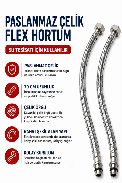 70 CM Paslanmaz Çelik Örgülü Flex Hortum 3/8 Su Bağlantı Hortumu Batarya ve Klozet Uyumlu ürün görseli 1