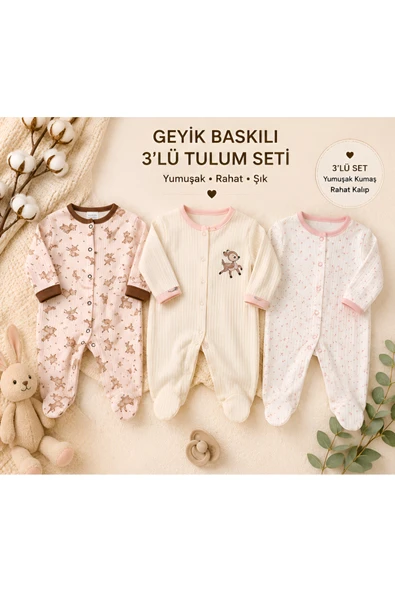 3'lü Kız Bebek Geyik Desenli Patikli Tulum Seti ürün görseli 1