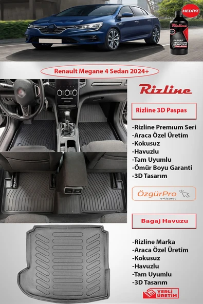 Rizline Premium Renault Megane 4 Sedan 2024 ve Sonrası 3D Paspas ve  Sol Cep Bagaj Havuzu ürün görseli 1