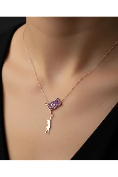 925 Ayar Gümüş Hilal Ay Yıldız Kolye Sevgiliye Anlamlı Hediye | Rose Gold Renk Türk Bayrağı Temalı ürün görseli 1