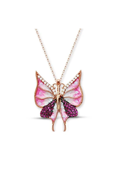 925 Ayar Gümüş Pembe Kelebek Zirkon Taşlı Rose Gold Kadın Kolye ürün görseli 1