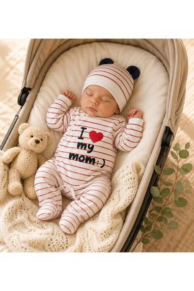 2'li Hastane Çıkışı Bebek Tulum Seti - Şapkalı I Love My Mom Baskılı ürün görseli 1