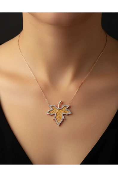 925 Ayar Gümüş Çınar Yaprağı Rose Gold Renk Kolye ürün görseli 1