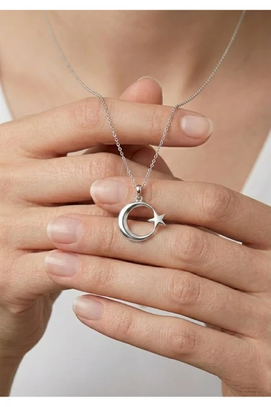 Gümüş Ay Yıldız Mini Tasarım kadın Kolye | 925 Ayar Gümüş ürün görseli 1