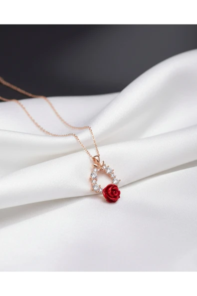 925 Ayar Gümüş Kelebekli Gül Rose Gold Renk Kolye ürün görseli 1