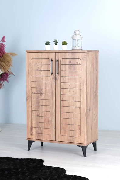 Luna 2 Kapaklı 4 Bölmeli Modern Ayakkabılık Çam Desenli 70x108x35 Cm ürün görseli 1
