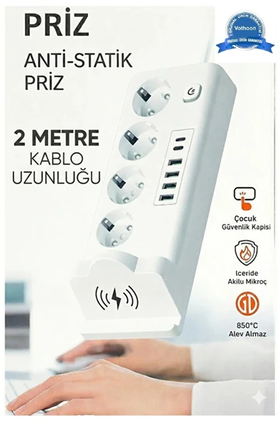 Akım Korumalı Priz Ve Masaüstü Şarj İstasyonu Kablosuz 4 Priz ,4 Usb, 2 Type-c Girişli 2 Metre