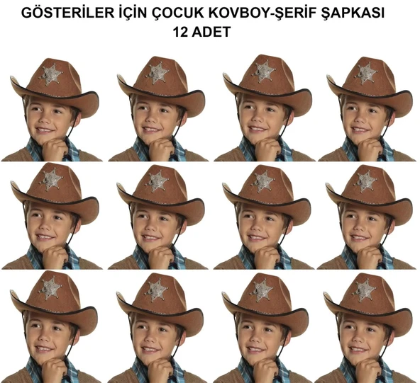 Kovboy Şerif Şapkası Kahve 12 Adet - Kostüm, Parti ve Gösteri Şapkası ürün görseli 1