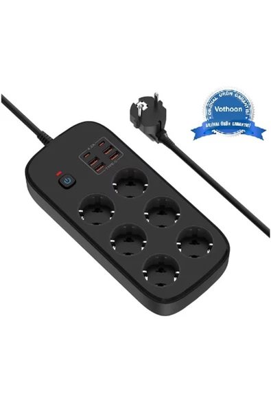 Termal Akım Korumalı 6’lü Priz 4x Usb 2x Type-c Çıkışlı Grup Priz Çoğaltıcı (3500w) Siyah ürün görseli 1