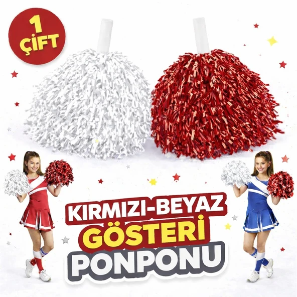 1 Çift ( 2 Adet ) Kırmızı-Beyaz Renk 23 Nisan 19 Mayıs 29 Ekim Okul Gösteri Ponponları Ekstra Dolgun ürün görseli 1