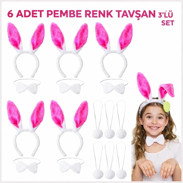 Şeker Pembesi Tavşan Sahne Seti 6'lı Set Taç Papyon Kuyruk ürün görseli 1