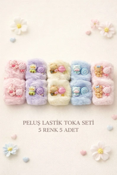 6'lı Figürlü Pastel Renkli Peluş Lastik Toka ürün görseli 1