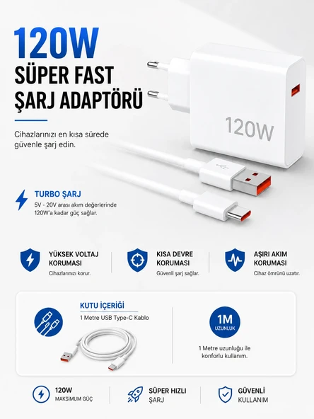Turbo 120w Hızlı Şarj Cihazı Type-c Kablolu ürün görseli 1