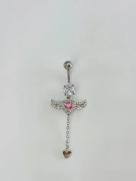 Melek Kanatlı Pembe Taşlı Sallantılı Göbek Piercing - Pg0124 ürün görseli 1