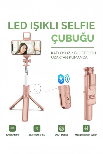 Led Işıklı Selfie Çubuğu Bluetooth Kumandalı Kablosuz Tripot Selfie Monopod Selfie Stick (pembe) ürün görseli 1