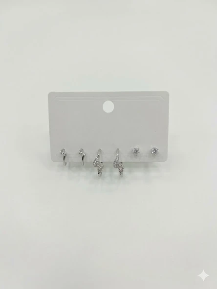Rodyum Zirkon Taşlı Pirinç Altılı  Kombin Küpe - Kp00583 ürün görseli 1