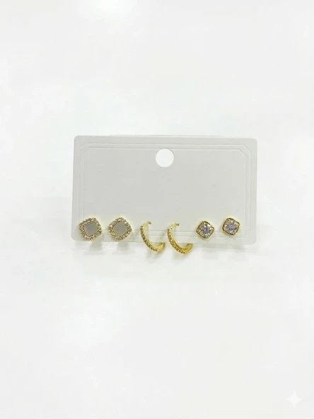 Zirkon Taşlı Pirinç Altılı  Kombin Küpe - Kp00649 ürün görseli 1