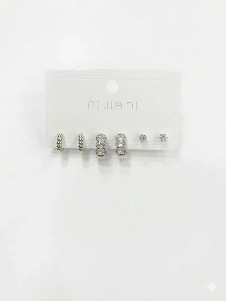 Rodyum  Zirkon Taşlı Pirinç Altılı  Kombin Küpe - Kp00579 ürün görseli 1