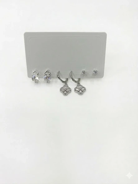 Rodyum Zirkon Taşlı Pirinç Altılı  Kombin Küpe - Kp00581 ürün görseli 1