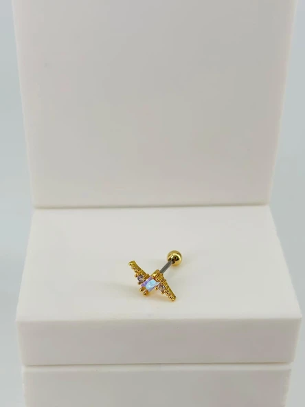 Zirkon Taşlı Uç Kısmı : Pirinç Kıkırdak Bar Uzunluğu : 6 Mm / Bar Kalınlığı 0.8 Mm / Top Boyu 3 Mm  - Pt0066-1 ürün görseli 1