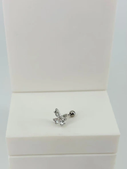 Rodyum Zirkon Taşlı Uç Kısmı : Pirinç Kıkırdak Bar Uzunluğu : 6 Mm / Bar Kalınlığı 0.8 Mm / Top Boyu 3 Mm  - Pt0062 ürün görseli 1