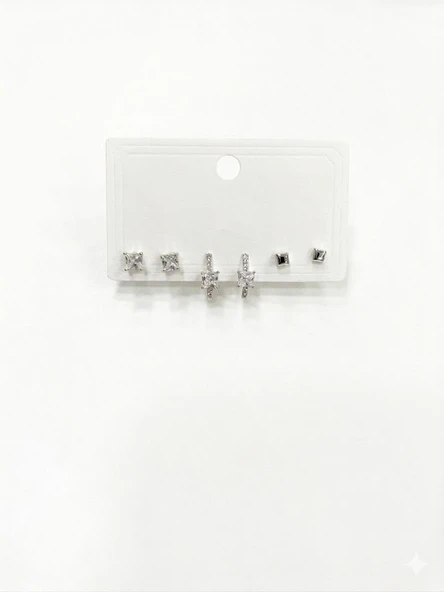 Rodyum  Zirkon Taşlı Pirinç Altılı  Kombin Küpe - Kp00573 ürün görseli 1