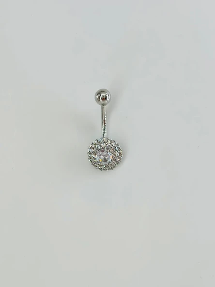 Rodyum Zirkon Taşlı Çelik Göbek Bar Uzunluğu : 13 Mm / Bar Kalınlığı 1.41 Mm /  - Pg0102 ürün görseli 1
