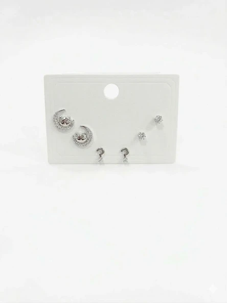 Rodyum Zirkon Taşlı Pirinç Altılı  Kombin Küpe - Kp00632 ürün görseli 1