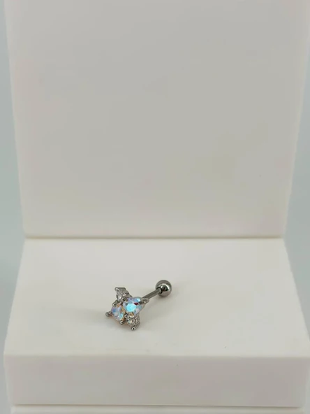 Rodyum Zirkon Taşlı Uç Kısmı : Pirinç Kıkırdak Bar Uzunluğu : 6 Mm / Bar Kalınlığı 0.8 Mm / Top Boyu 3 Mm  - Pt0051 ürün görseli 1