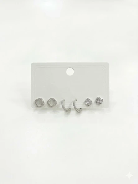 Rodyum Zirkon Taşlı Pirinç Altılı  Kombin Küpe - Kp00650 ürün görseli 1