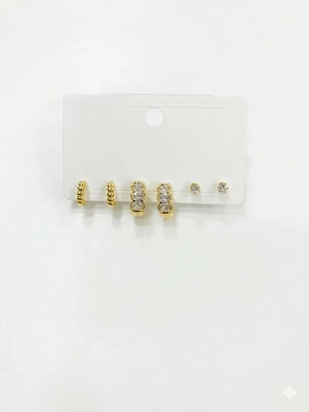Zirkon Taşlı Pirinç Altılı  Kombin Küpe - Kp00578 ürün görseli 1