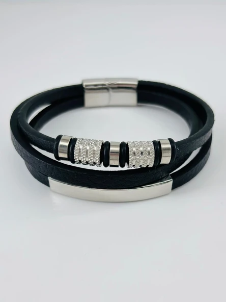 Siyah Deri / Çelik  Erkek Deri Bileklik 20 Cm  - Ebl0090 ürün görseli 1