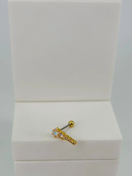 Zirkon Taşlı Uç Kısmı : Pirinç Kıkırdak Bar Uzunluğu : 6 Mm / Bar Kalınlığı 0.8 Mm / Top Boyu 3 Mm  - Pt0056-1 ürün görseli 1
