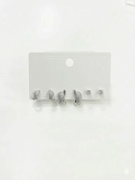 Rodyum Zirkon Taşlı Pirinç Altılı  Kombin Küpe - Kp00620 ürün görseli 1