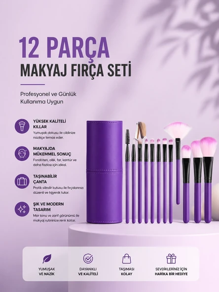 12'li Makyaj Fırça Seti Yumuşak Kıllı Profesyonel Kullanıma Uygun ürün görseli 1