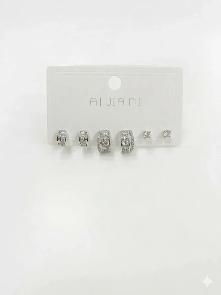Rodyum Zirkon Taşlı Pirinç Altılı  Kombin Küpe - Kp00587 ürün görseli 1